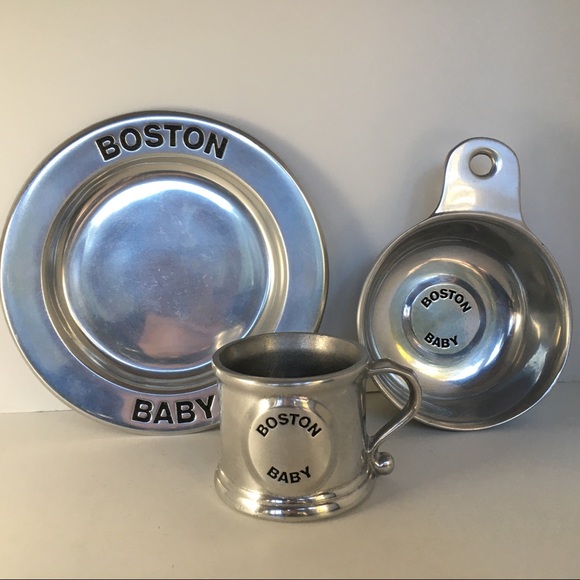 Boston Baby Set Wilton Pewter 8" Plate Bowl Cup Mug Vintage 1976 3 Piece Gift - Picture 1 of 12